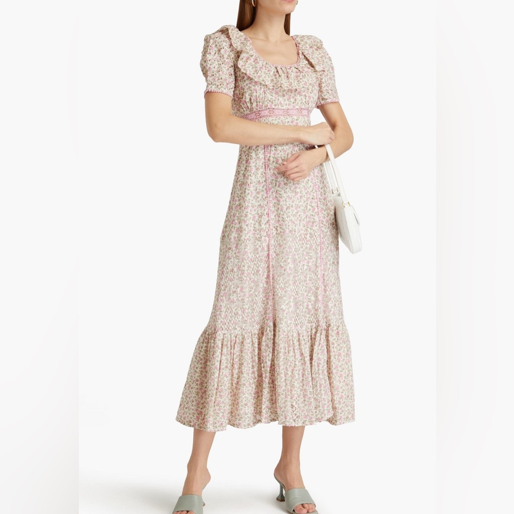 LoveShackFancy Floral Ruffle Midi Dress Pink Cottagecore Prairie Romantic